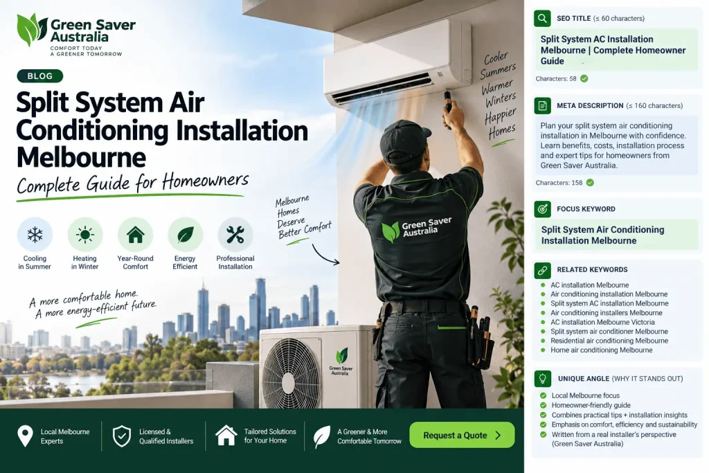 Split system air conditioning installation in Melbourne by Green Saver Australia