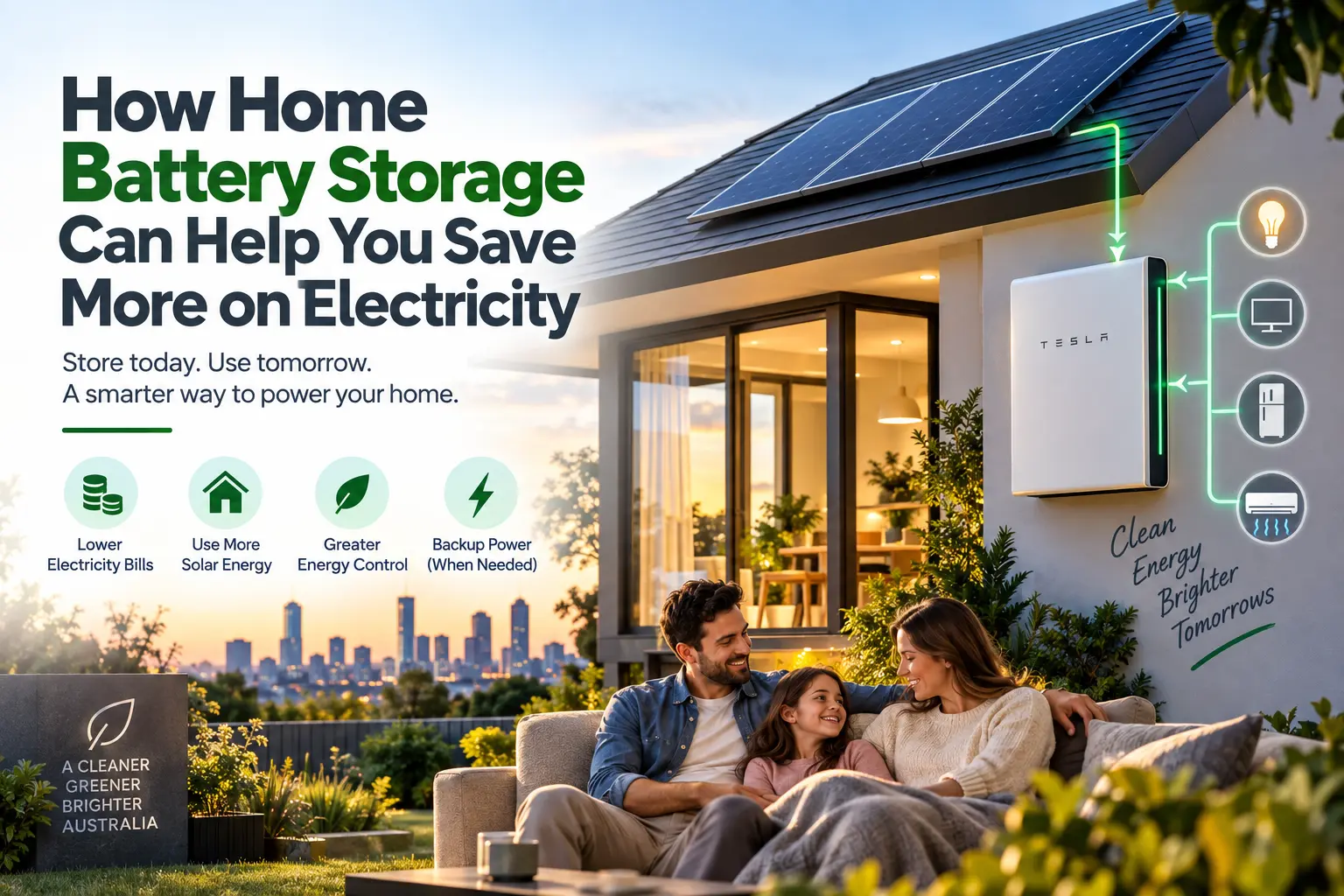 Home battery storage system with solar panels helping a family use stored solar energy and reduce electricity costs.