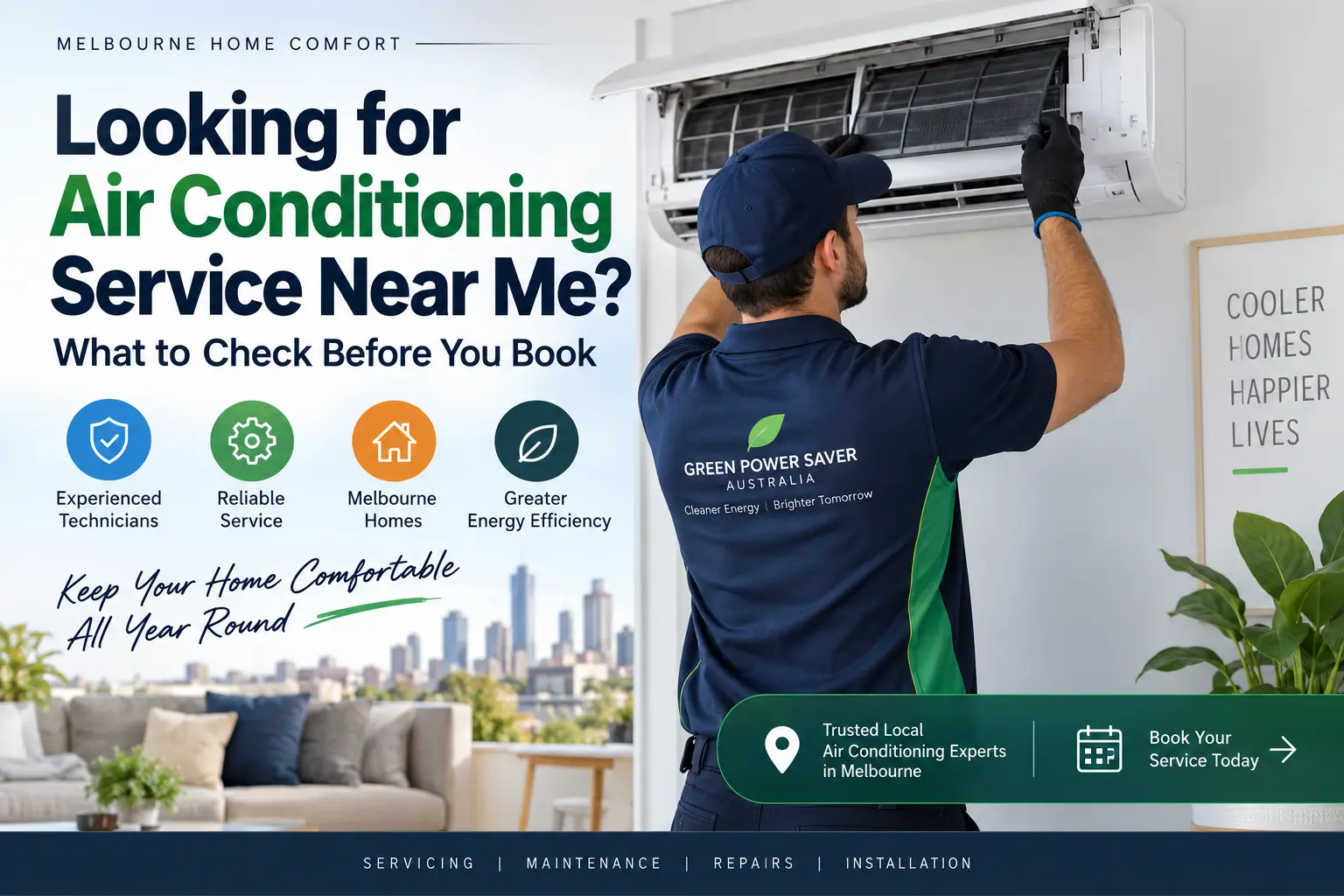 Air conditioning technician servicing a split system in a Melbourne home