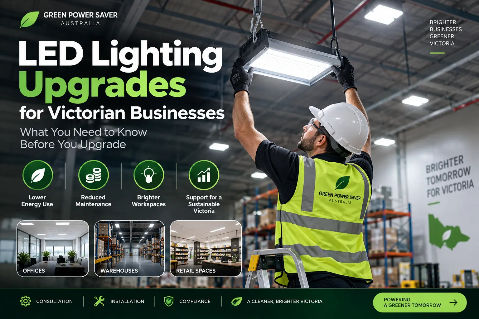 LED lighting upgrade being installed in a commercial warehouse for a Victorian business