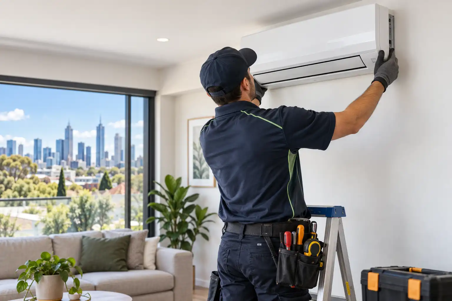 AC installation technician installing a split system air conditioner in a Melbourne home